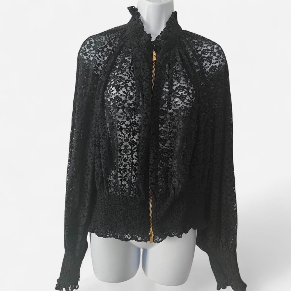 Stella McCartney Victorian Gothic Black Floral Lace Ruffle Neck Bomber Jacket L